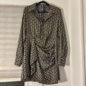 NWT! Black & Gold Collared Faux-Wrap Dress - Large